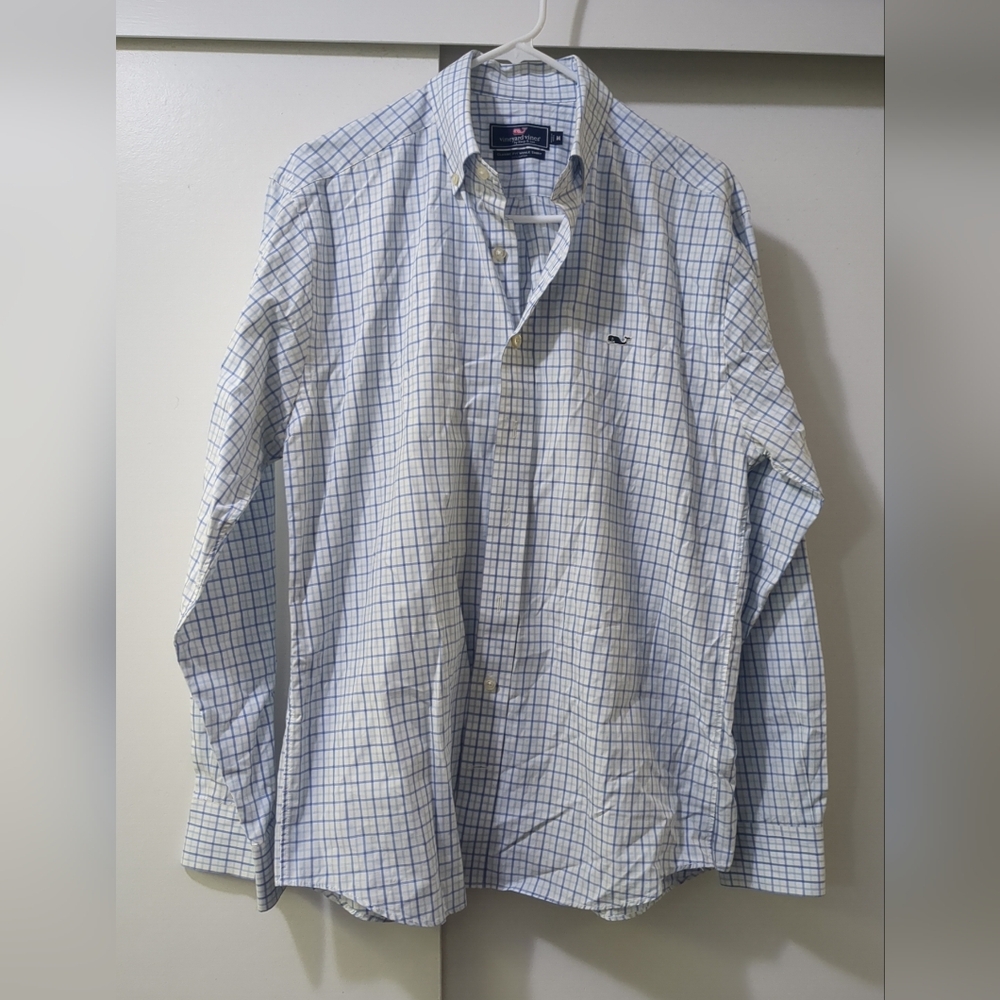 Vineyard Vines Whale Shirt Mens Medium Blue Plaid Classic Fit Cotton